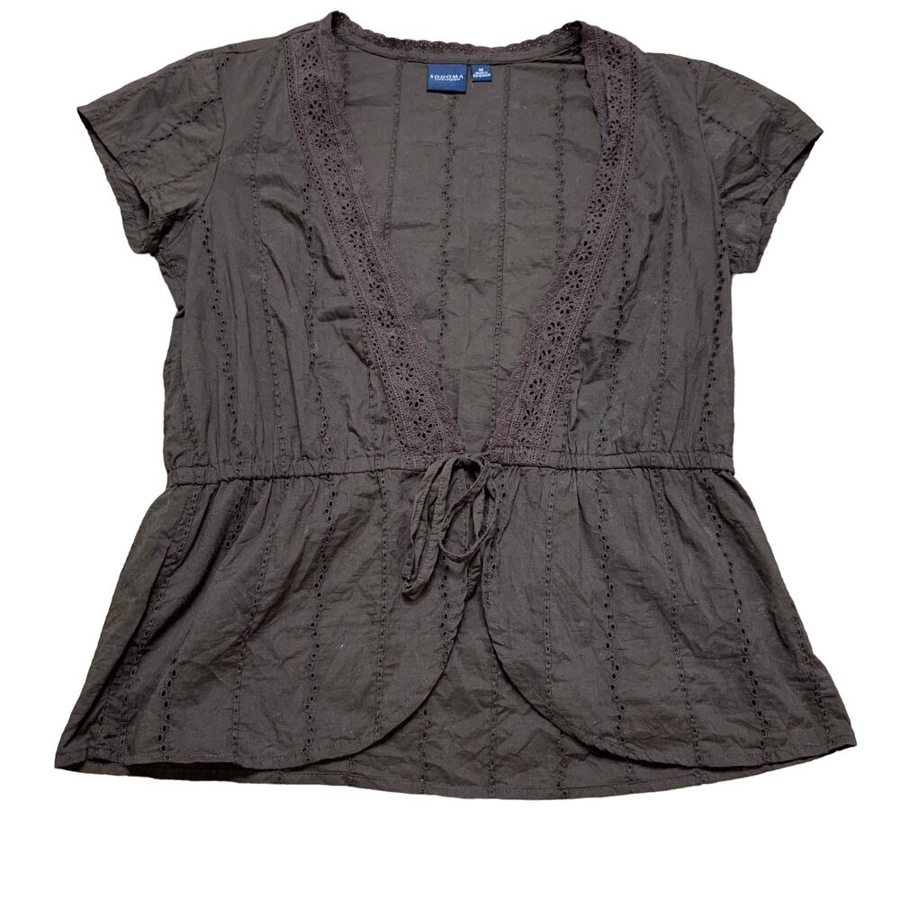 Vintage Y2K Sonoma Brown Ruffle Cottage Wrap Blouse Coastal Cowgirl Medium